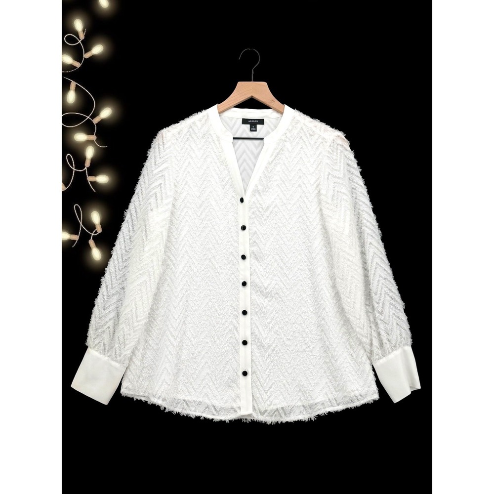 Alfani Chevron Eyelash Textured Button Front Blouse White Medium